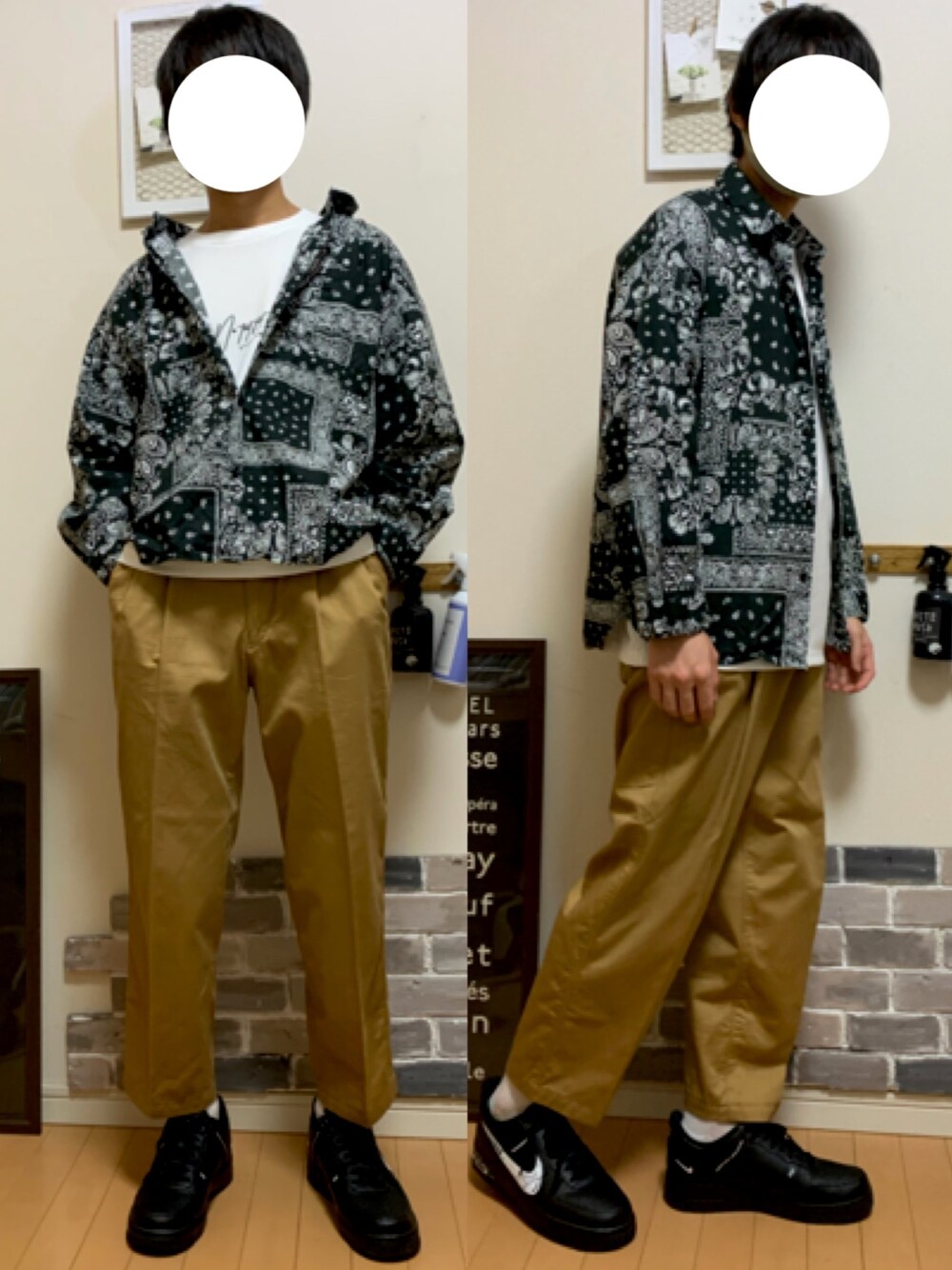 「春夏コーデ、おうちファッション、タックイン、白Tシャツ、シャツ、バンダナ柄、NIKE、MONKEY TIME、HARE、UNIQLO」｜「HAREのバンダナパターンシャツ(HARE)（シャツ/ブラウス、ブラック系）」を使った、natsuki（夏輝）さん（メンズ・168cm）の春コーディネートの1枚目の写真