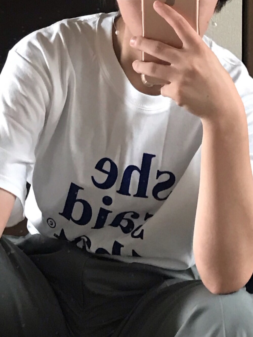 「shesaidthat、nico and…、白Tシャツ、休日スタイル、低身長コーデ、シンプルコーデ」｜「she said thatのアイテム（Tシャツ/カットソー、ホワイト系）」を使った、kさん（レディース・153cm）の夏コーディネートの1枚目の写真