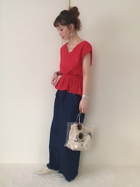 「PAGEBOY（ページボーイ）のトモリボン付きデニムワイドパンツ（デニムパンツ）」を使った、Alice*さん（レディース・156cm）の夏コーディネート