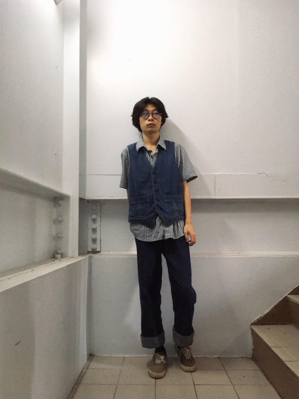 「不扎、襯衫、丹寧、denim、levi’s」｜「BYTHREEの藍底黃條文短袖襯衫（シャツ/ブラウス、ブルー系）」を使った、Pato ;stop to updateさん（メンズ・171cm）の夏コーディネートの1枚目の写真