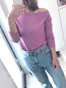 「Ungrid（アングリッド）のスラブテレコオフショルロングスリーブTee（Tシャツ/カットソー）」を使った、tantanさん（レディース・157cm）の春コーディネート