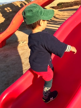 「アイテム（レッグウォーマー、グリーン系）」を使った、くんｸﾝさん（キッズ・70cm）の冬コーディネート