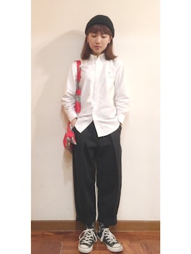 「アイテム（トートバッグ、レッド系）」を使った、Yee Sing Fungさん（レディース・156cm）の春コーディネート