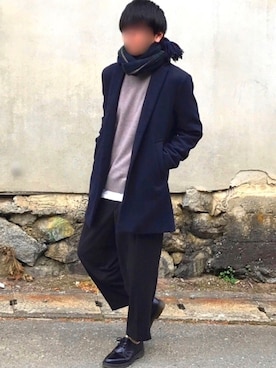 「HVC（エイチブイシー）のアイテム（チェスターコート）」を使った、sakoさん（メンズ・177cm）の冬コーディネート