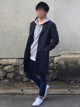 「koe（コエ）のアイテム（チェスターコート）」を使った、sakoさん（メンズ・177cm）の冬コーディネート