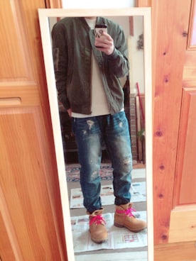 「Timberland（ティンバーランド）のアイテム（ブーツ、イエロー系）」を使った、ゆーだいさん（メンズ・167cm）の冬コーディネート