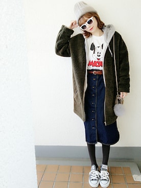 「ミッキーT」｜「アイテム（ムートンコート）」を使った、コマさんさん（レディース・154cm）の冬コーディネート