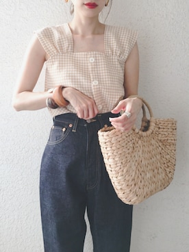 「DHOLIC（ディーホリック）のアイテム（かごバッグ）」を使った、コマさんさん（レディース・154cm）の夏コーディネート