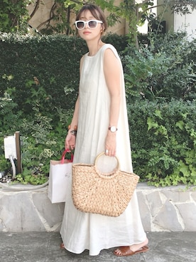 「DHOLIC（ディーホリック）のアイテム（かごバッグ）」を使った、コマさんさん（レディース・154cm）の夏コーディネート