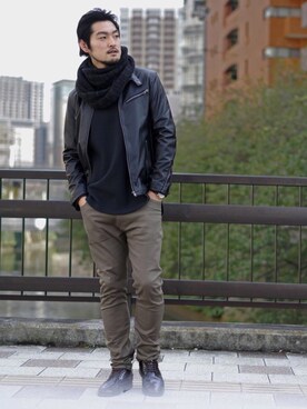 「no brand（ノーブランド）のアイテム（ライダースジャケット）」を使った、TaKさん（メンズ・178cm）の秋コーディネート