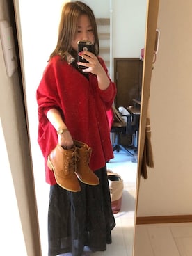 「赤いカーディガン」｜akaneさん（レディース・150cm）の秋コーディネート