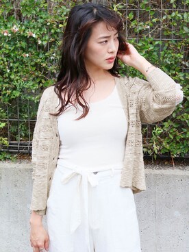 「reca（レカ）のウエストリボン リネンワイドパンツ（その他パンツ）」を使った、recastaffさん（レディース・167cm）の夏コーディネート