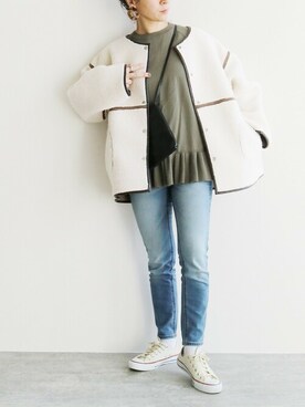 「reca（レカ）のアイテム（ノーカラーコート）」を使った、recastaffさん（レディース・156cm）の冬コーディネート