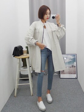 「日常」｜「アイテム（ノーカラージャケット）」を使った、gaensoさん（レディース・165cm）の春コーディネート