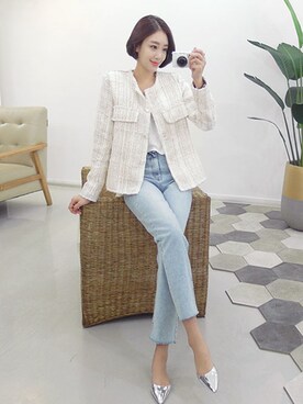 「日常」｜「アイテム（ノーカラージャケット）」を使った、gaensoさん（レディース・165cm）の春コーディネート