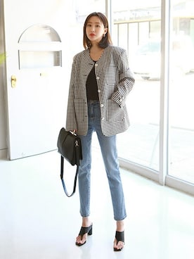 「ストレートデニム」｜「アイテム（ノーカラージャケット）」を使った、gaensoさん（レディース・165cm）の春コーディネート