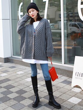 「ケーブルカーディガン」｜「アイテム（ブーツ）」を使った、gaensoさん（レディース・165cm）の冬コーディネート