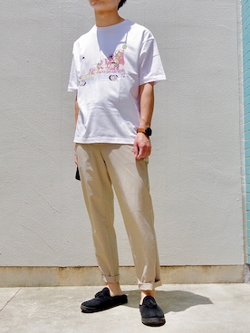 「MANEBU（マネブ）のアイテム（スリッポン）」を使った、masaさん（メンズ・165cm）の夏コーディネート