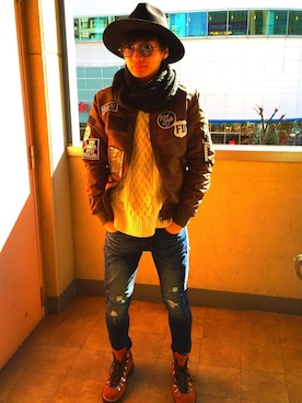 「BITTER STOREのアイテム（ジャケット/アウター、ブラウン系）」を使った、SEーYAさん（メンズ）の冬コーディネート