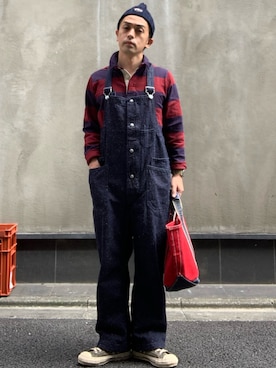 「EVISU（エヴィス）のアイテム（サロペット/オーバーオール）」を使った、よしさん【相互】さん（メンズ・163cm）の秋コーディネート