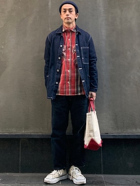 「フランネルシャツ」｜「アイテム（デニムジャケット）」を使った、よしさん【相互】さん（メンズ・163cm）の冬コーディネート