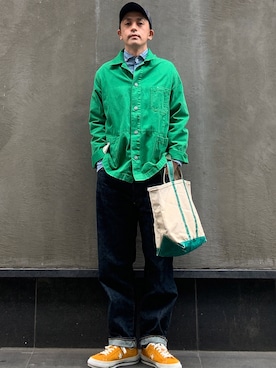 「アイテム（デニムジャケット、グリーン系）」を使った、よしさん【相互】さん（メンズ・163cm）の夏コーディネート
