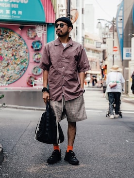 「INFIELDER DESIGN（インフィールダーデザイン）のアイテム（キャップ）」を使った、THE COMMON TEMPO 原宿Yさん（メンズ・165cm）の夏コーディネート