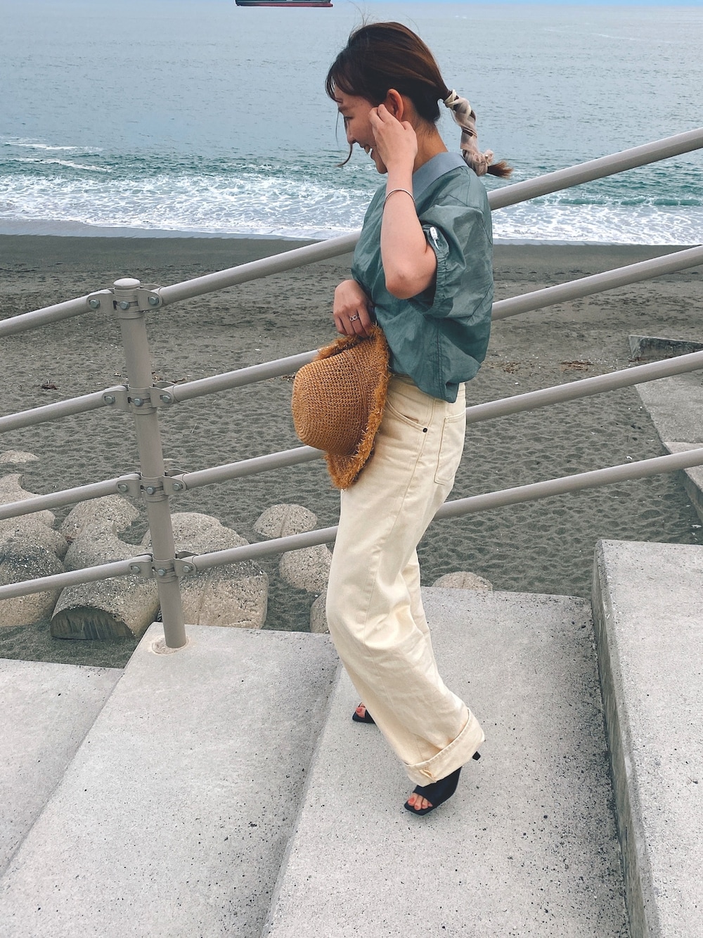 「海、海コーデ、FRED PERRY、フレッドペリー、UNIQLO、ユニクロ、GU、ジーユー」｜「14+のアイテム（帽子、ブラウン系）」を使った、®️さん（レディース・153cm）の夏コーディネートの1枚目の写真