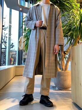 「koe（コエ）のアイテム（ステンカラーコート）」を使った、スギさん（メンズ・174cm）の冬コーディネート