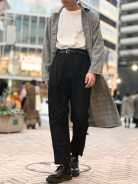 「koe（コエ）のアイテム（ステンカラーコート）」を使った、スギさん（メンズ・174cm）の春コーディネート