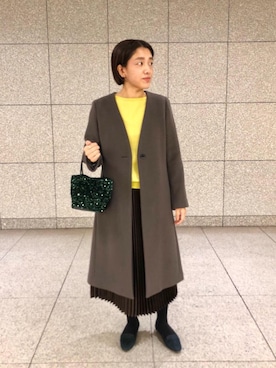 「ニット/セーター」｜「アイテム（ノーカラーコート）」を使った、Minoriさん（レディース・158cm）の冬コーディネート