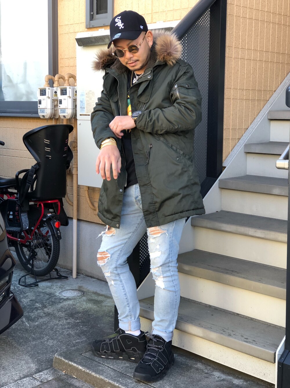 「休日スタイル、プチプラ、アースカラー、ストリート、フライトジャケット、しまむら、キャップ、NIKE、スニーカー、冬」｜「'47のWhite sox Home '47 CLEAN UP（キャップ、ブラック系）」を使った、⛪️akilla⛪️さん（メンズ・170cm）の冬コーディネートの1枚目の写真
