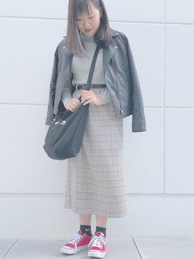 「AS KNOW AS plus（アズノゥアズプラス）のアイテム（ライダースジャケット）」を使った、m a k o︎︎ さん（レディース・157cm）の春コーディネート