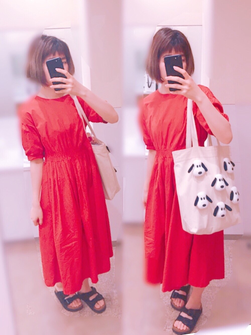 レッド系のワンピース、ブラック系のサンダル、ホワイト系のトートバッグを着用したレディースの夏コーディネートの1枚目の写真