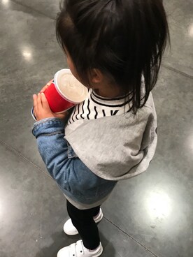 「BRANSHES（ブランシェス）のテレコボーダー長袖Tシャツ（Tシャツ/カットソー）」を使った、N★Mさん（キッズ・110cm）の冬コーディネート