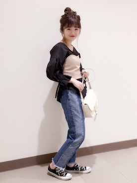 「袖ボリューム」｜「アイテム（パンツ）」を使った、まるこさん（レディース・151cm）の春コーディネート
