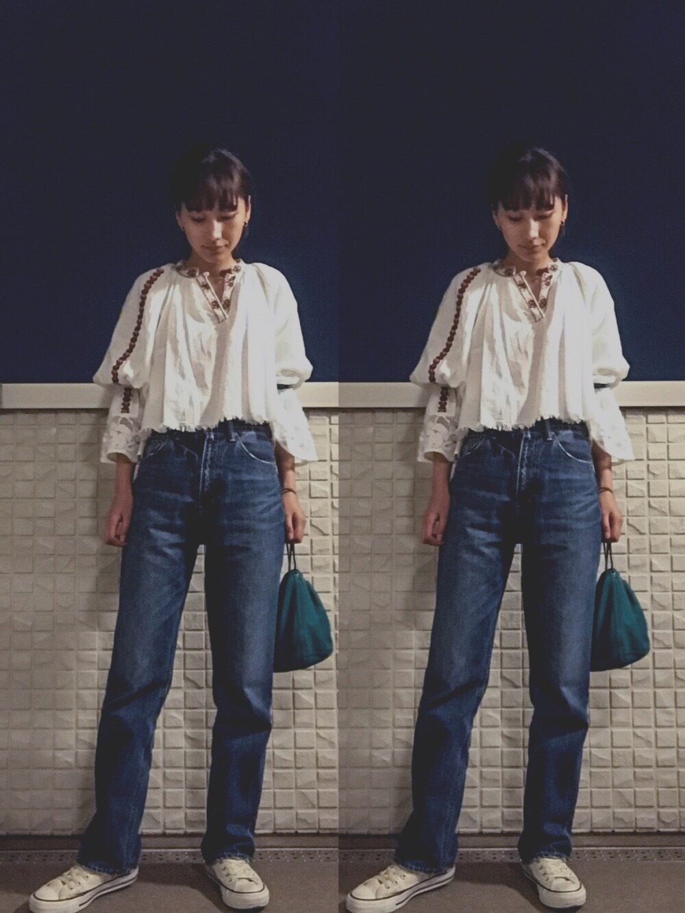「ブラウス、freada、デニム、刺繍、巾着バッグ、シンプルコーデ、大人カジュアル」｜「FREAK'S STOREのFreada/フリーダ　刺繍ブラウス（シャツ/ブラウス、ホワイト系）」を使った、潮田あかりさん（レディース・166cm）の夏コーディネートの1枚目の写真