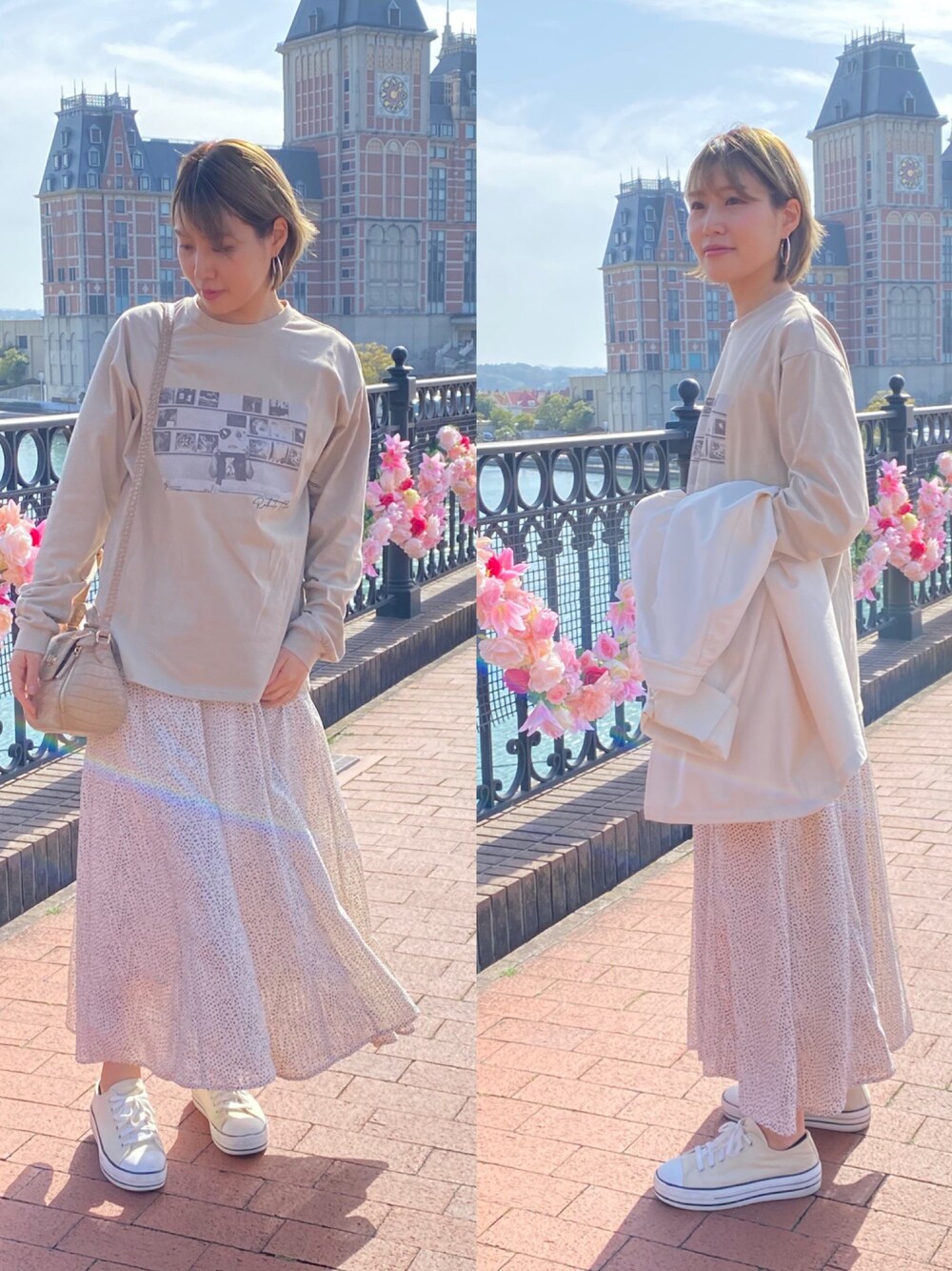 「UNIQLO、しまむら、terawearemu、プチプラのあや、ロングスカート、ワントーンコーデ、ホワイトコーデ、ベージュ、スニーカー、プチプラ」｜「Gready BrilliantのフォトロゴＢＩＧロンＴ（Tシャツ/カットソー、ベージュ系）」を使った、なっぴーさん（レディース・159cm）の春コーディネートの1枚目の写真