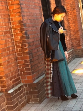 「タータンチェック」｜「アイテム（ライダースジャケット）」を使った、さいかさん（レディース・155cm）の秋コーディネート