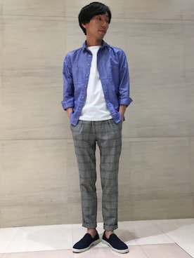 「グレンチェック」｜「アイテム（スリッポン）」を使った、むねのリーチさん（メンズ・174cm）の春コーディネート