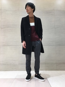 「abahouse」｜「アイテム（チェスターコート）」を使った、むねのリーチさん（メンズ・174cm）の秋コーディネート