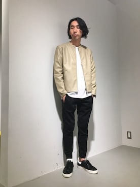 「ジョガーパンツ」｜「アイテム（ライダースジャケット）」を使った、むねのリーチさん（メンズ・174cm）の冬コーディネート