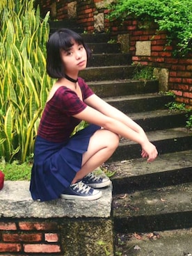 「CONVERSE（コンバース）のアイテム（シューズ、ブルー系）」を使った、Kyyyyyylinさん（レディース・162cm）の春コーディネート