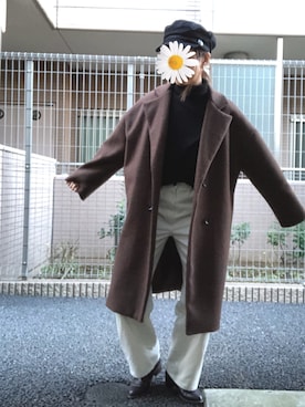「ハンチング」｜「アイテム（チェスターコート）」を使った、Ran®️Ran2🌵さん（レディース・156cm）の冬コーディネート