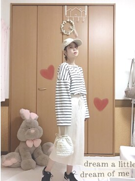 「LOWRYS FARM（ローリーズファーム）のUSAコットンボーダー　785770（T Shirts、ホワイト系）」を使った、Nelly💐さん（レディース・155cm）の春コーディネート