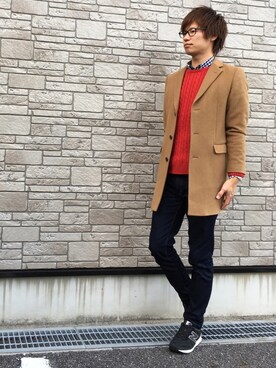 チェスターコートを使った 赤ニット の人気ファッションコーディネート 季節 3月 5月 Wear