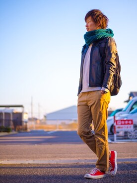 「ジャックパーセル」｜「アイテム（ライダースジャケット）」を使った、Ryu--taさん（メンズ・183cm）の冬コーディネート