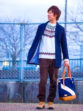 「アイテム（チェスターコート、ブルー系）」を使った、Ryu--taさん（メンズ・183cm）の冬コーディネート