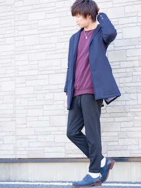 「アイテム（チェスターコート、ブルー系）」を使った、Ryu--taさん（メンズ・183cm）の冬コーディネート