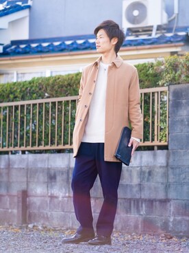 「417 EDIFICE（フォーワンセブンエディフィス）のアイテム（ステンカラーコート）」を使った、Ryu--taさん（メンズ・183cm）の冬コーディネート